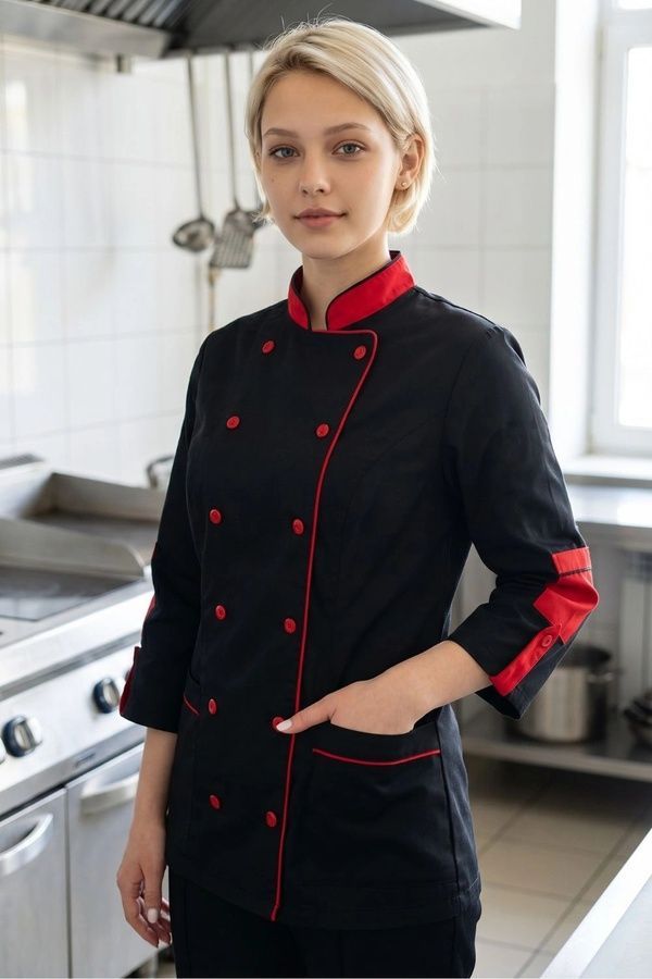 Кітель кухаря жіночий МР-3058 рукав 3/4 розмір 42 (42-64) котон чорний/червоний - Форма кухаря